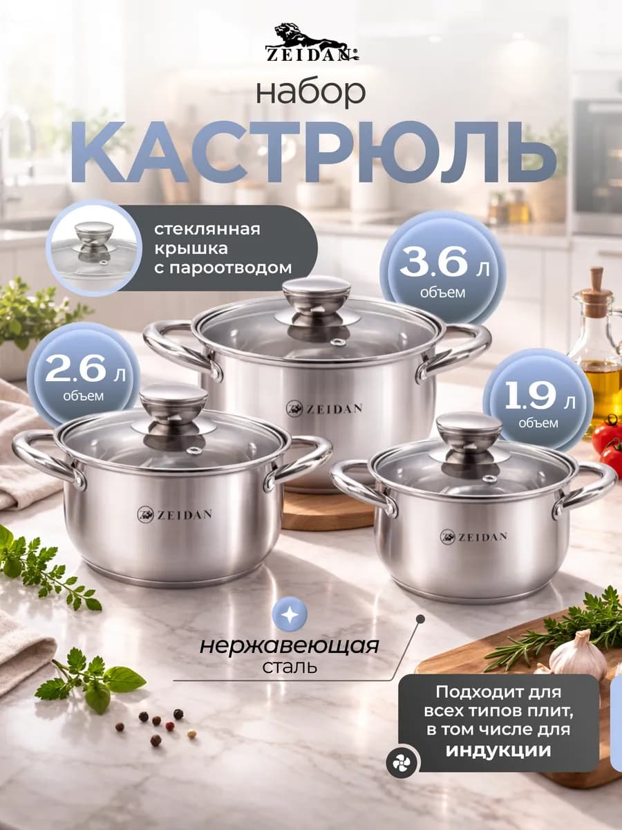 Набор кастрюль с крышками из нержавеющей стали Z-50672