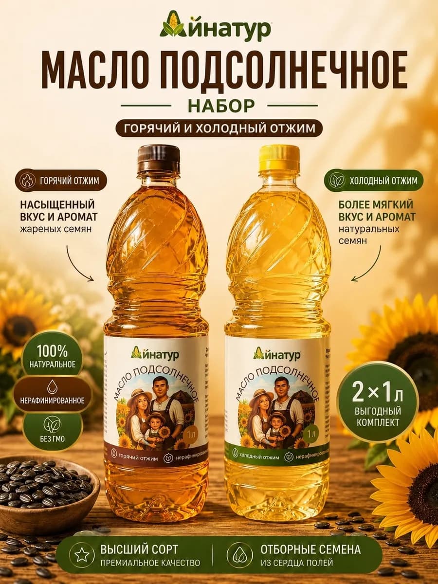 Масло подсолнечное 2×1 л холодный и горячий отжим