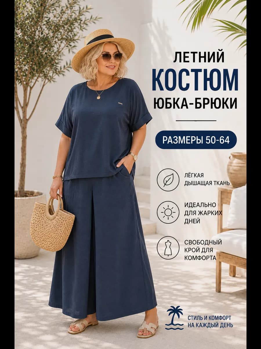 Летний Костюм двойка юбка брюки больших размеров