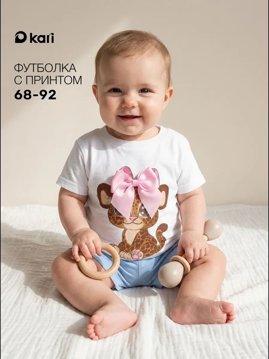 Футболка для маленькой девочки белая с принтом на кнопках