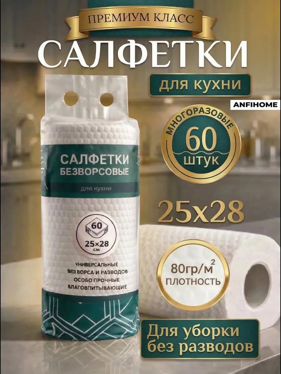Салфетки для уборки безворсовые в рулоне, многоразовые 60шт