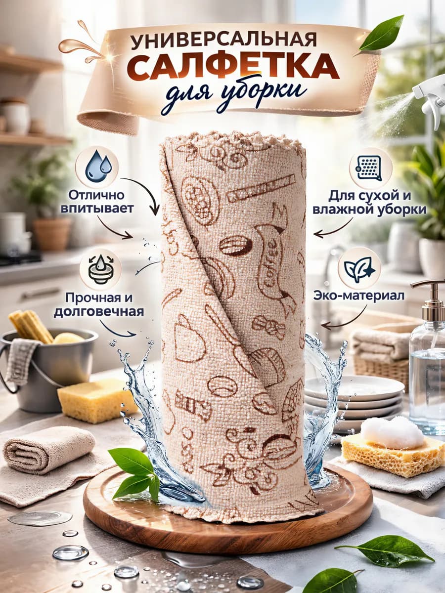 Салфетки для уборки и кухни из микрофибры в рулоне