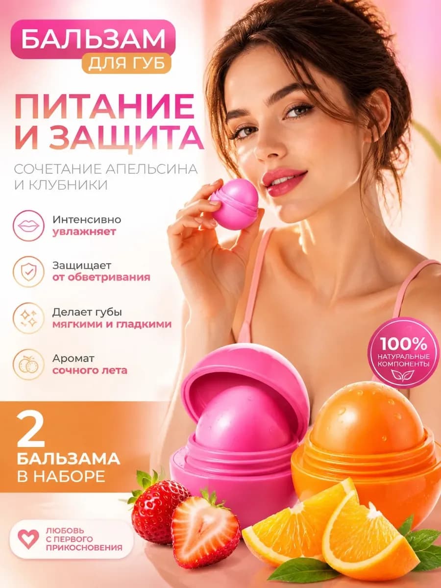 Бальзам для губ EOS "Клубника " + "Апельсин" набор 2 в 1