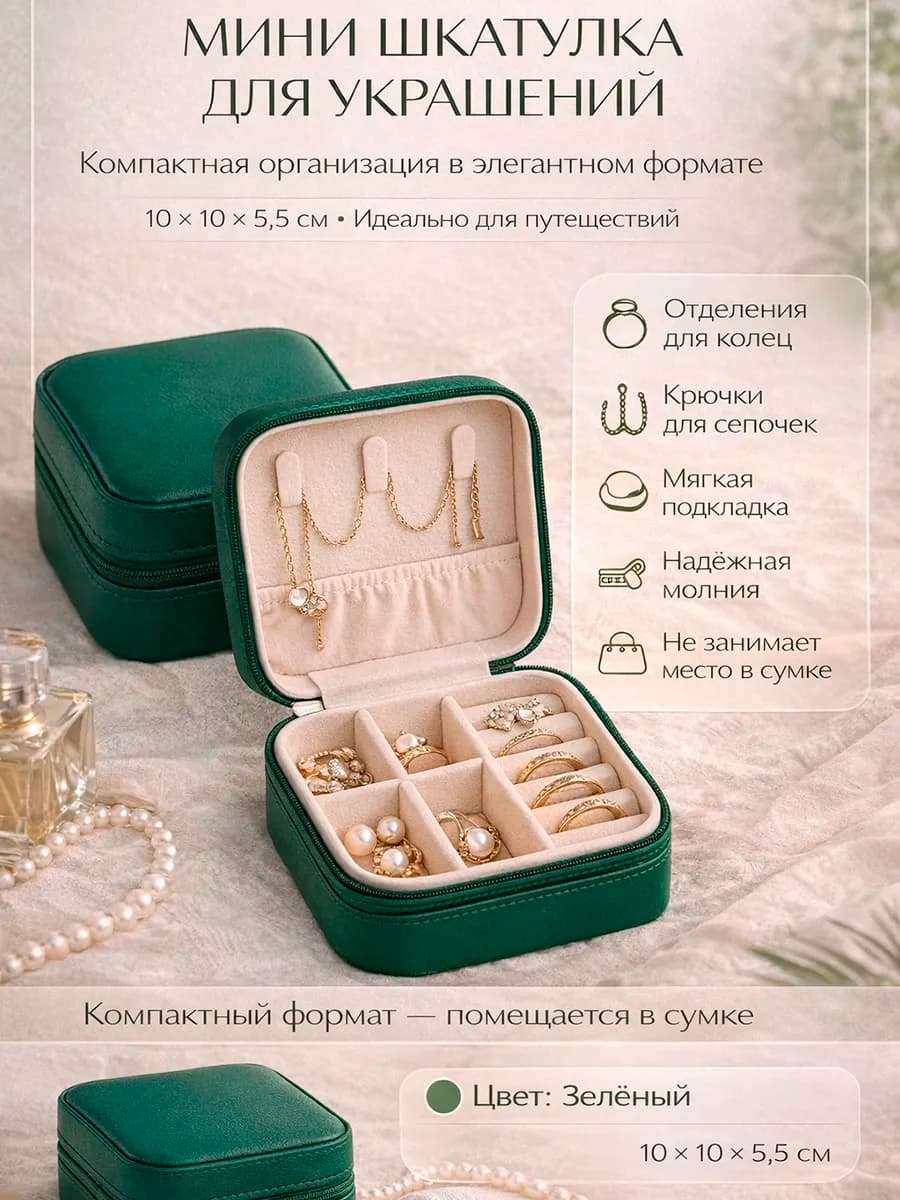 Шкатулка для украшений женская, зеленая