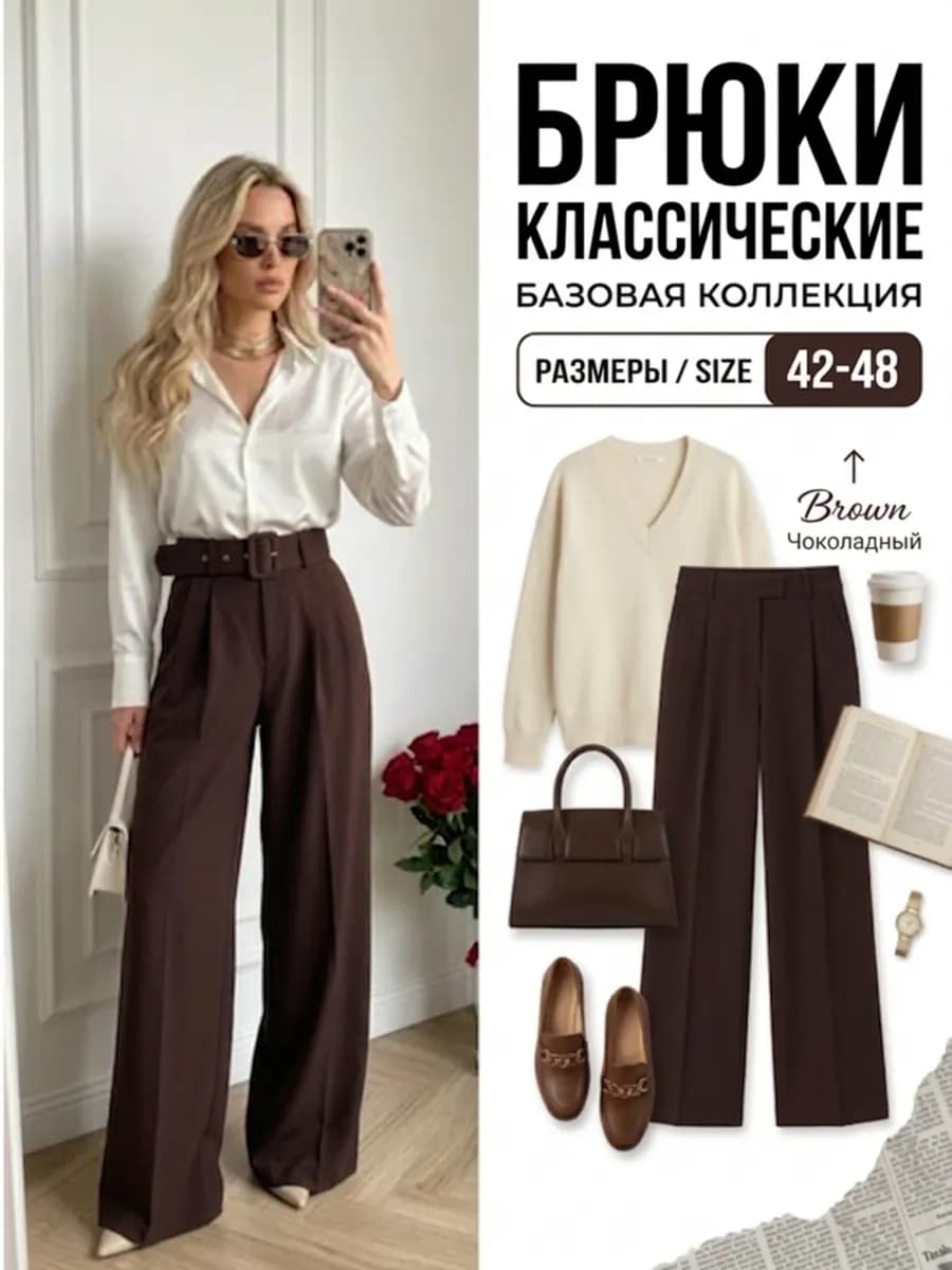 Брюки палаццо классические с высокой посадкой коричневые