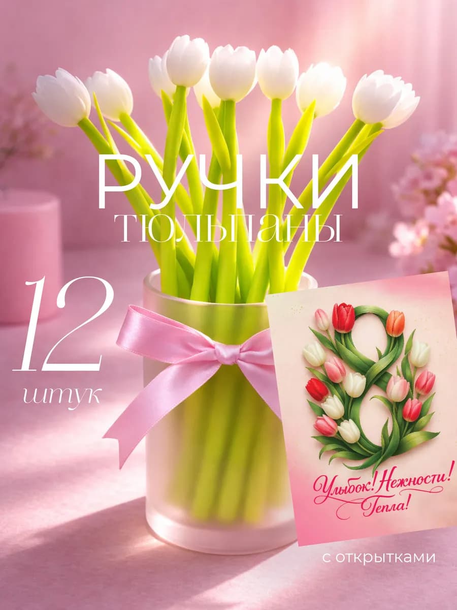 Набор шариковых подарочных ручек тюльпан на 8 марта 12шт