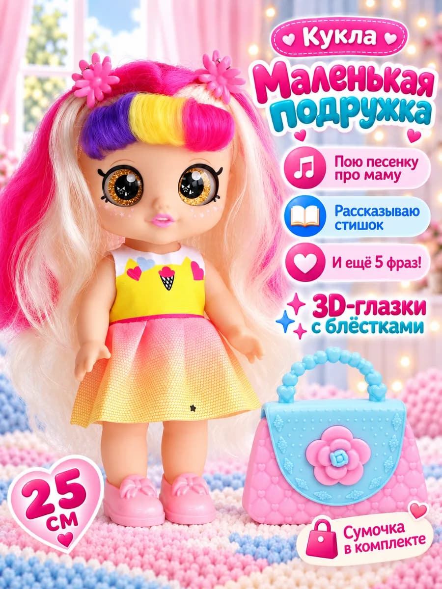 Кукла для девочки Nika c сумкой цветные волосы 25см