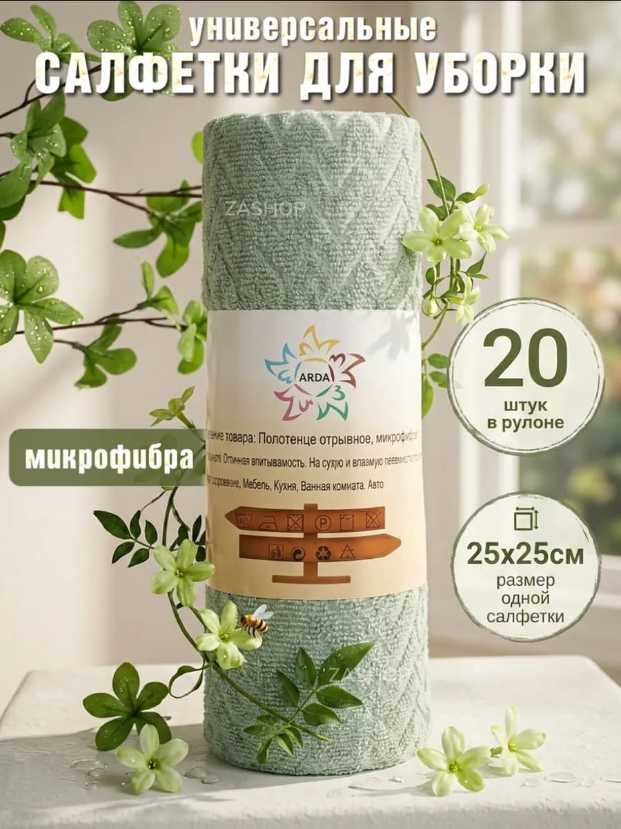 Салфетки из микрофибры безворсовые для уборки в рулоне