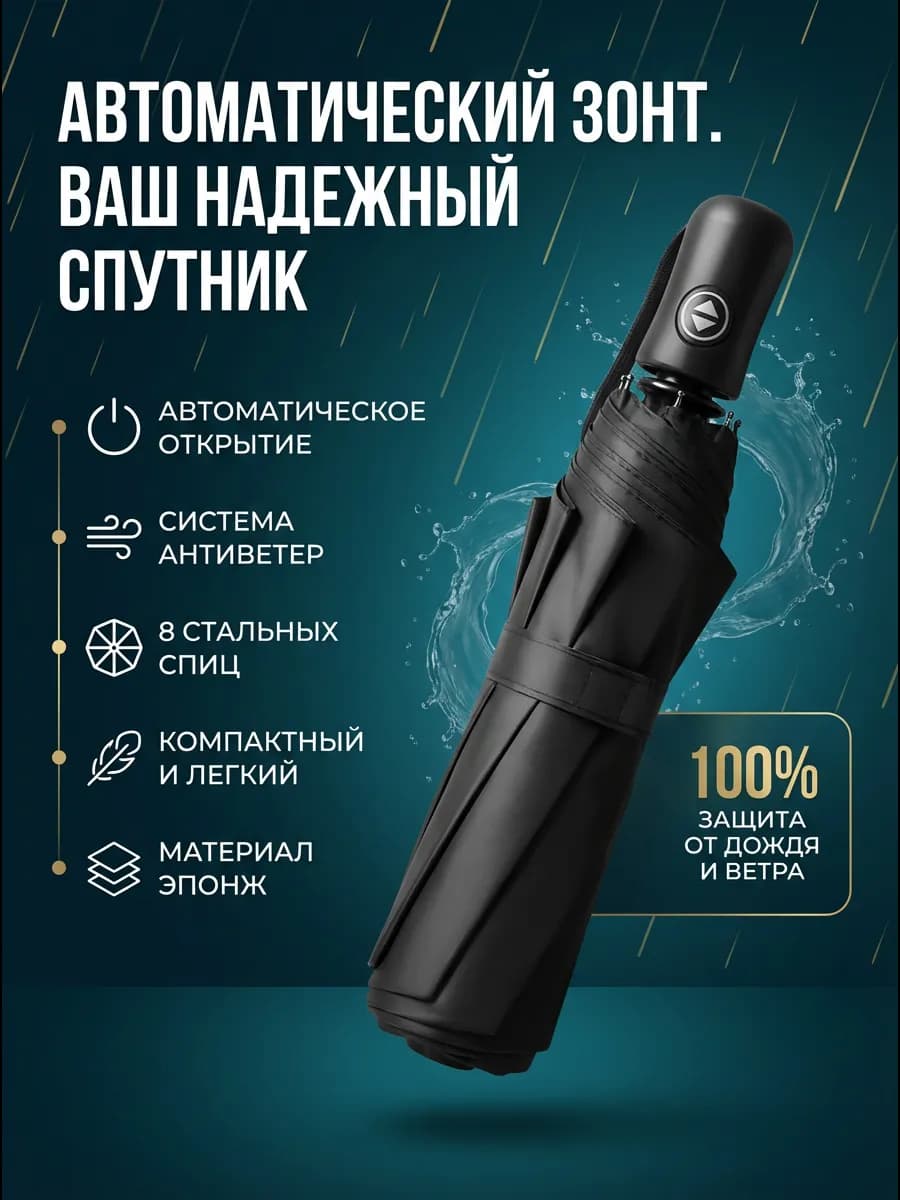 Зонт автомат черный складной антиветер компактный