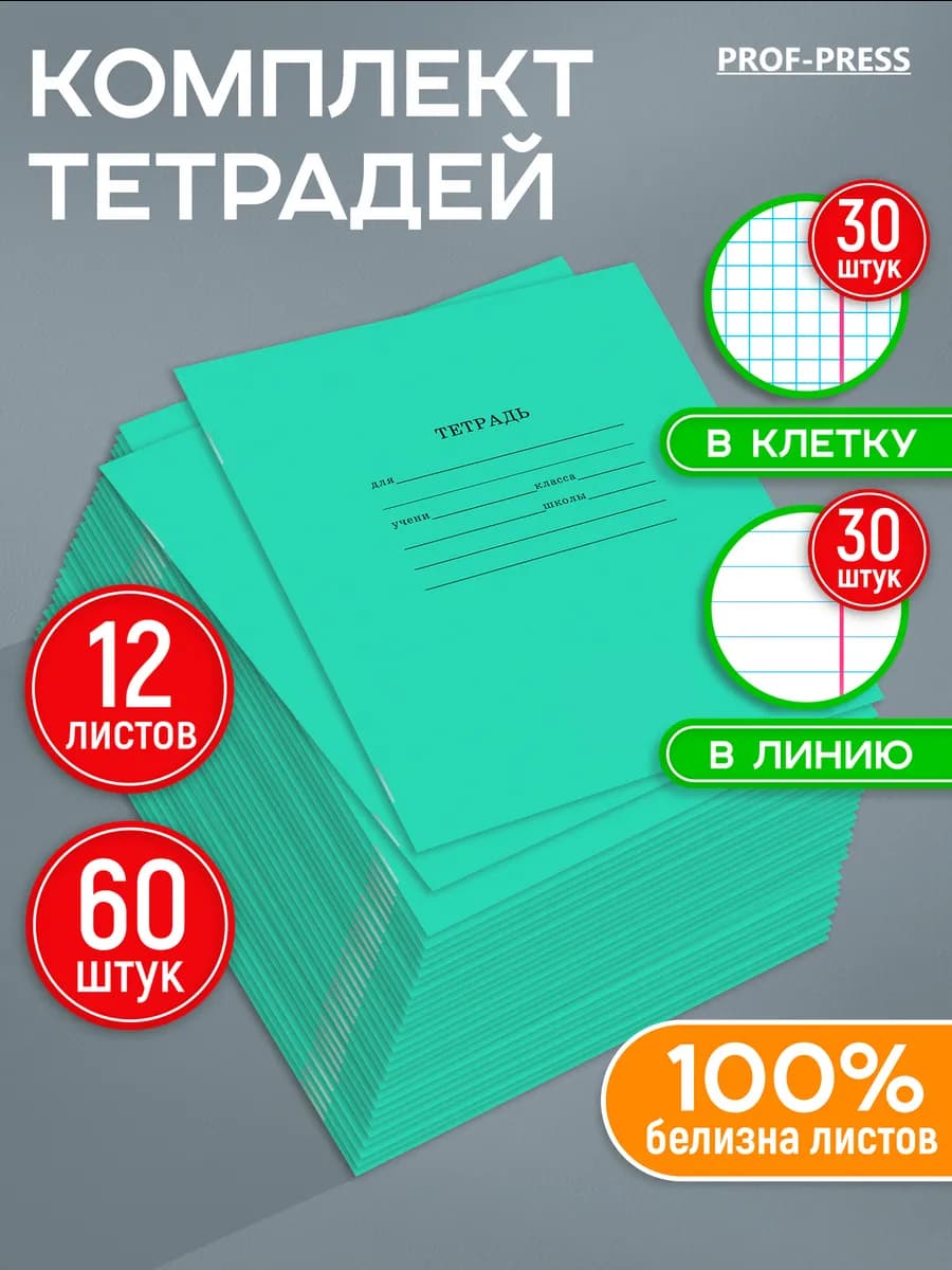 Тетрадь в клетку и линейку 12 листов 60 штук