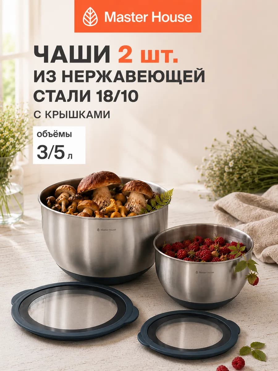 Набор мисок нержавеющая сталь с крышками 3л + 5л кухонные
