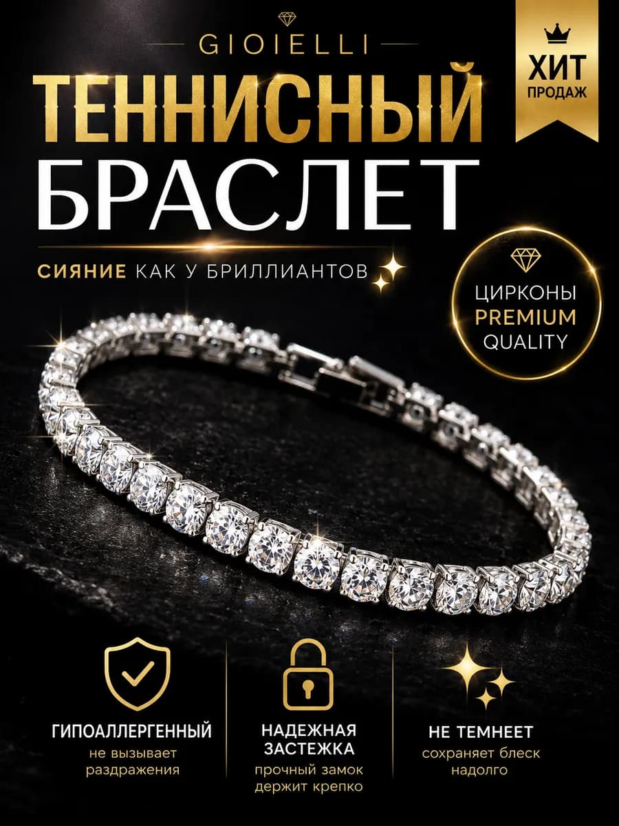 Теннисный браслет на руку с цирконами