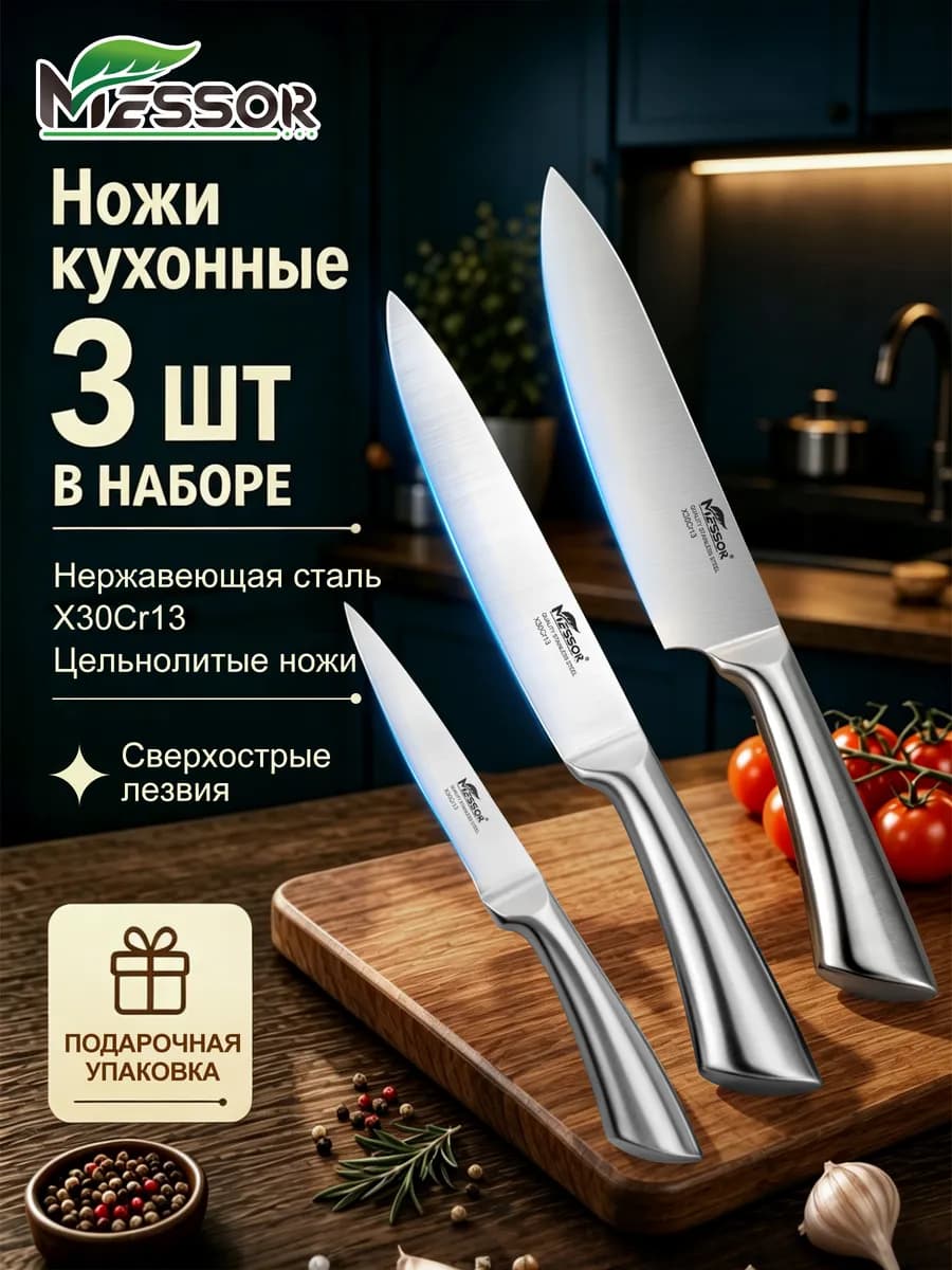 Профессиональный набор острых кухонных ножей 3 штуки