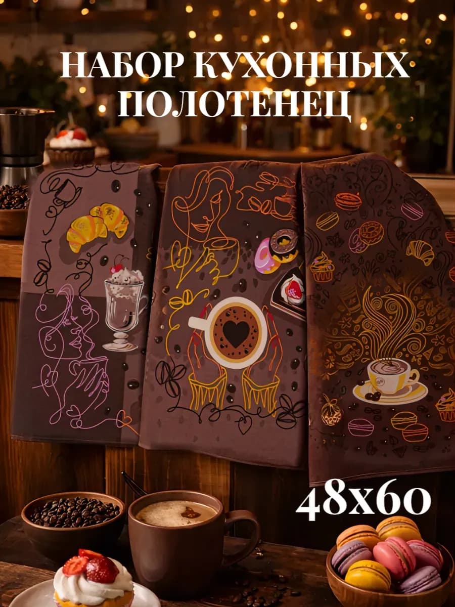 Набор кухонных полотенец 3 шт "Кофе" с петелькой
