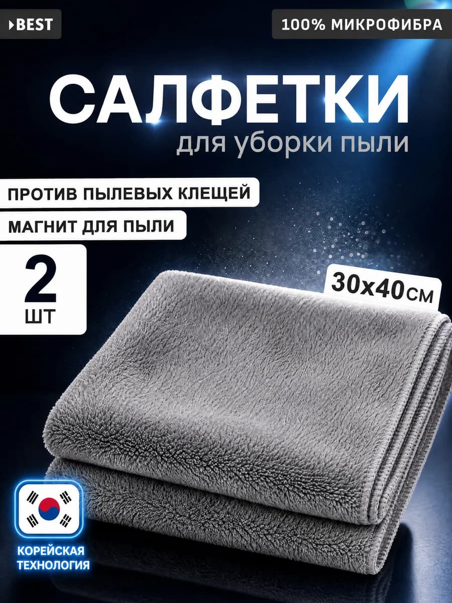 Салфетки для уборки из микрофибры антипыль 30х40 см, 2 шт