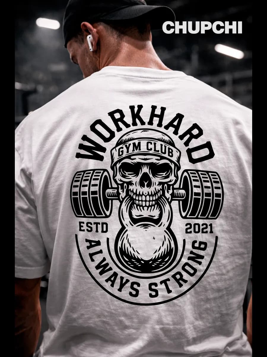 Плотная футболка оверсайз белая с принтом Work Hard GYM