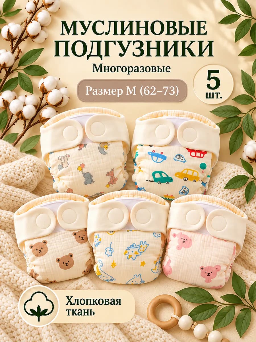 Подгузники многоразовые для новорожденных муслиновые