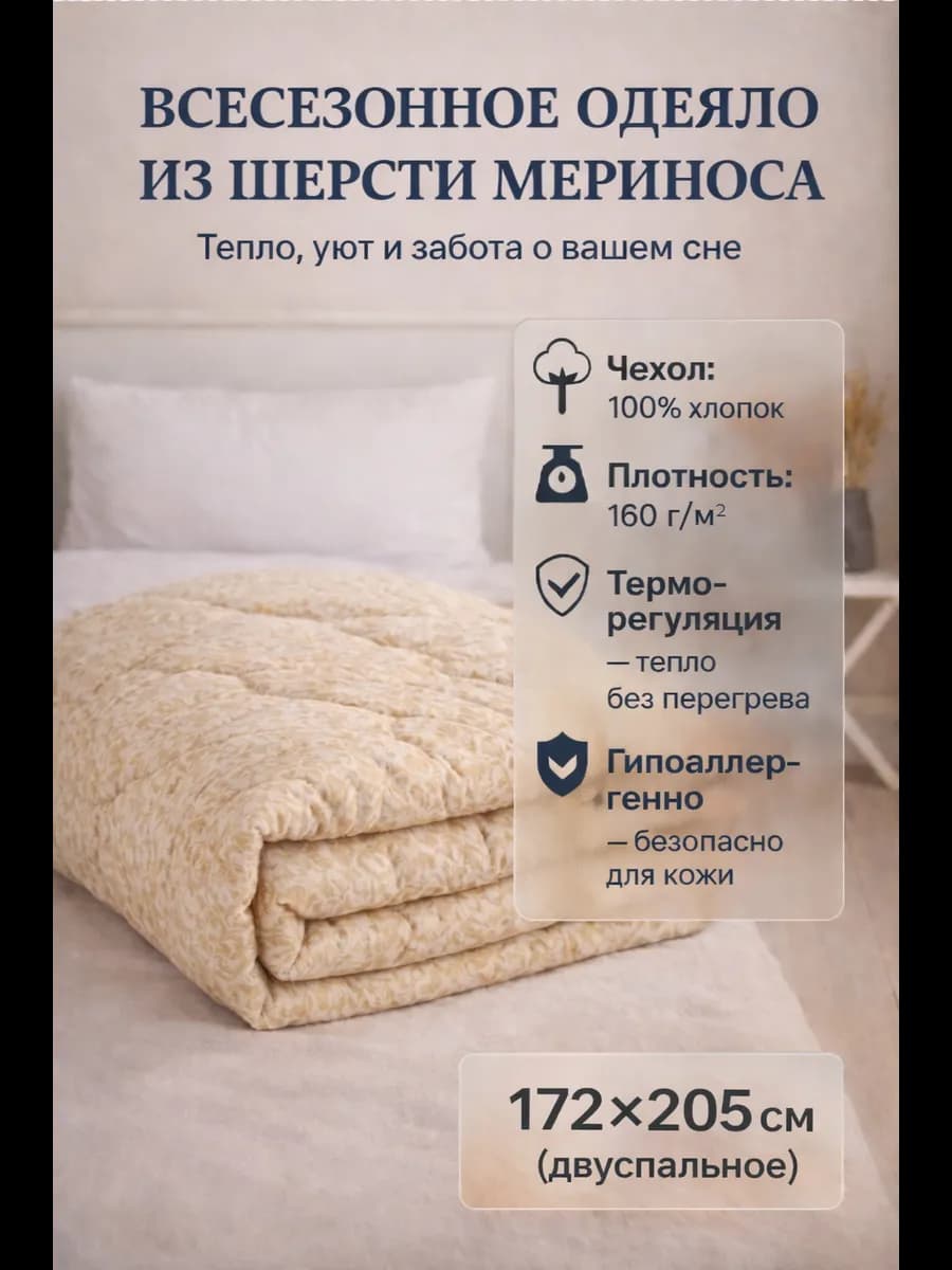 Одеяло Шерсть Мериноса 172×205 см всесезонное