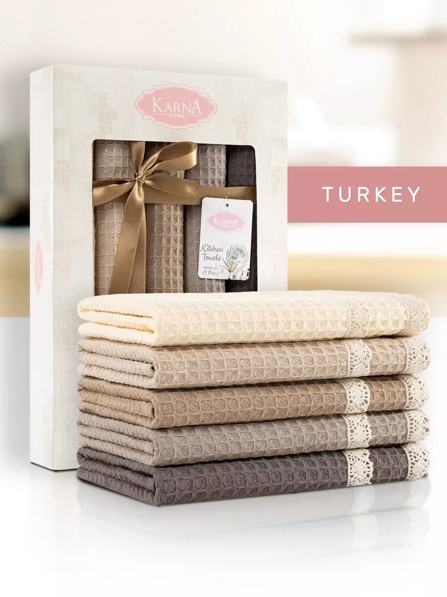 Кухонные полотенца вафельные - набор 5 шт, 40x60 с гипюром