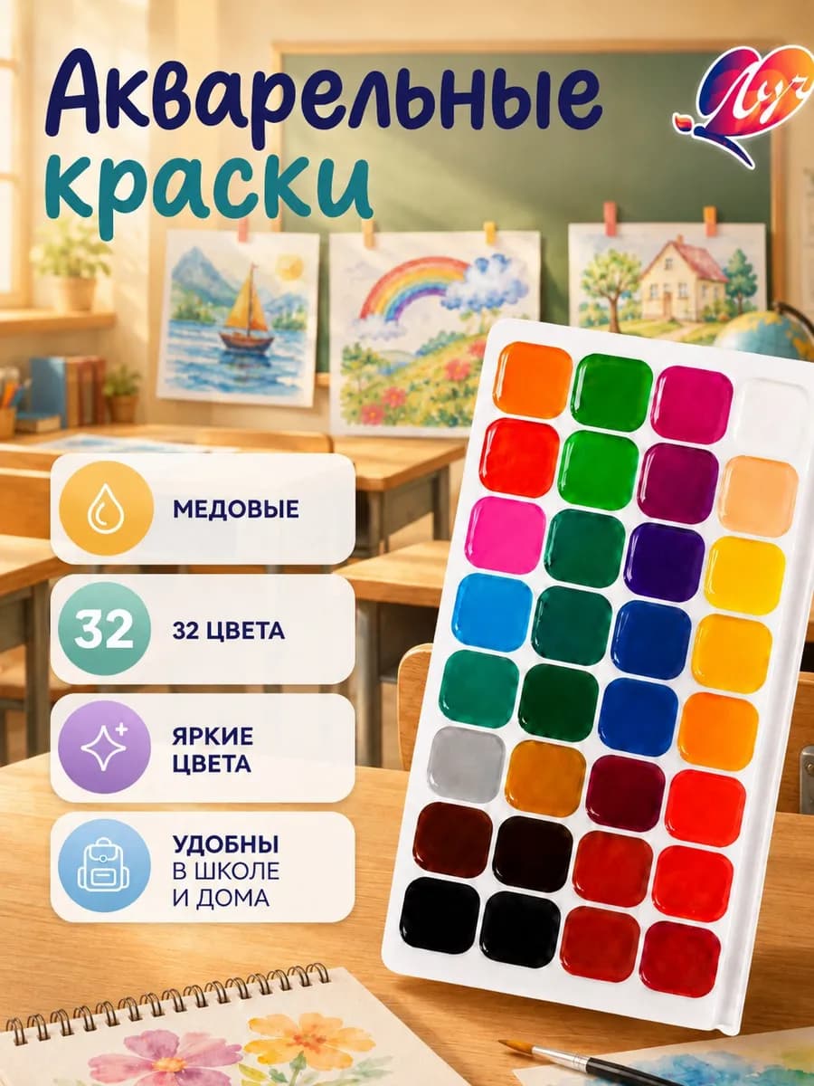 Акварельные краски для рисования 32 цвета