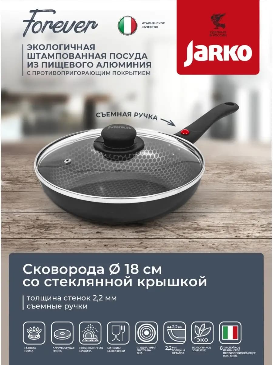 Сковорода маленькая 18см с крышкой,съемная ручка - фото 1