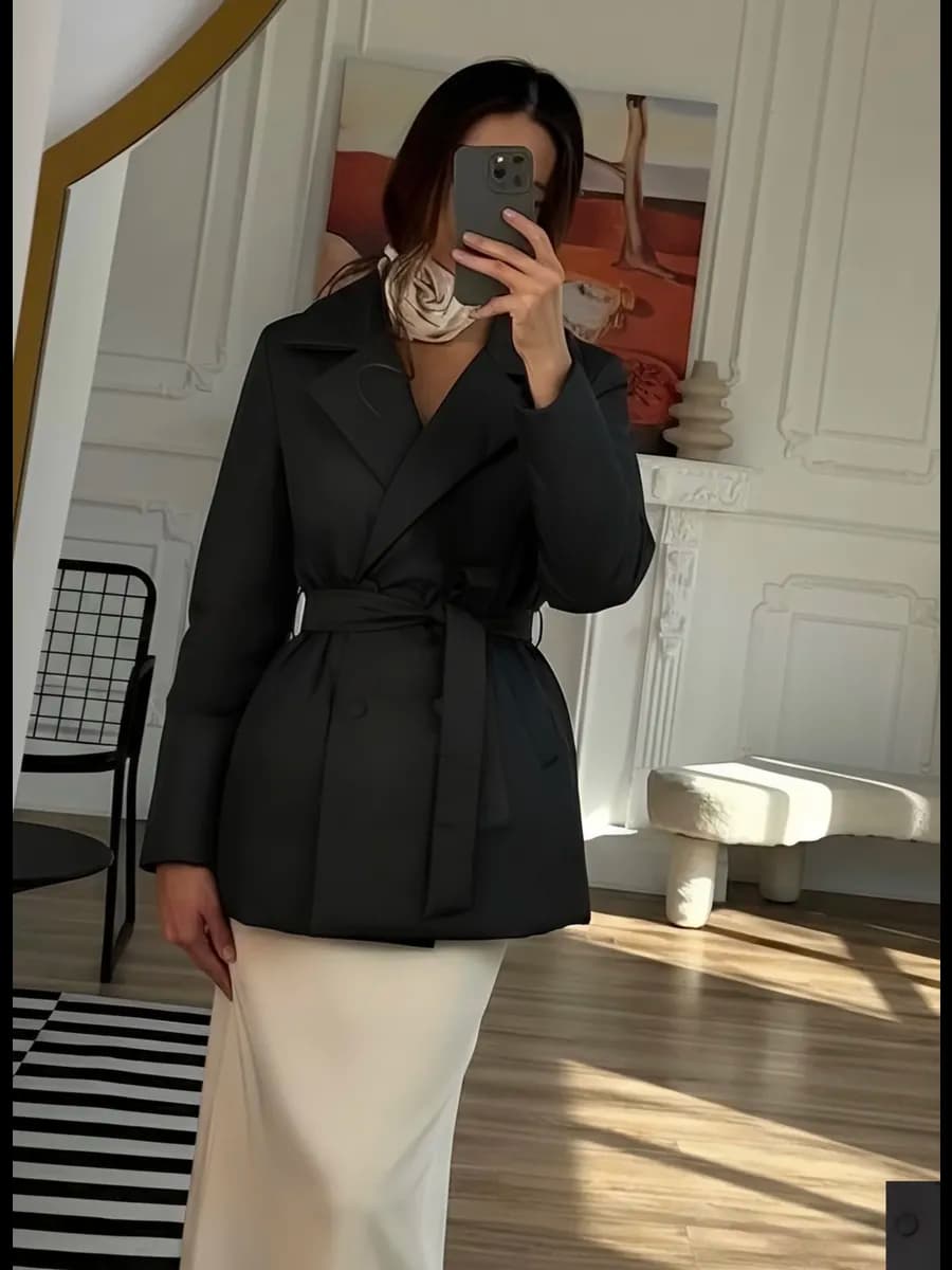 Куртка пиджак демисезонная удлиненная с поясом классика - фото 1