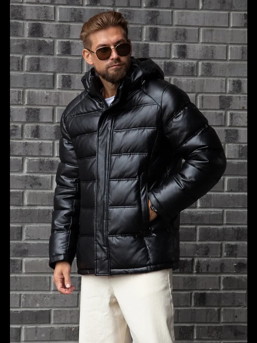 Пуховик зимний кожаный короткий