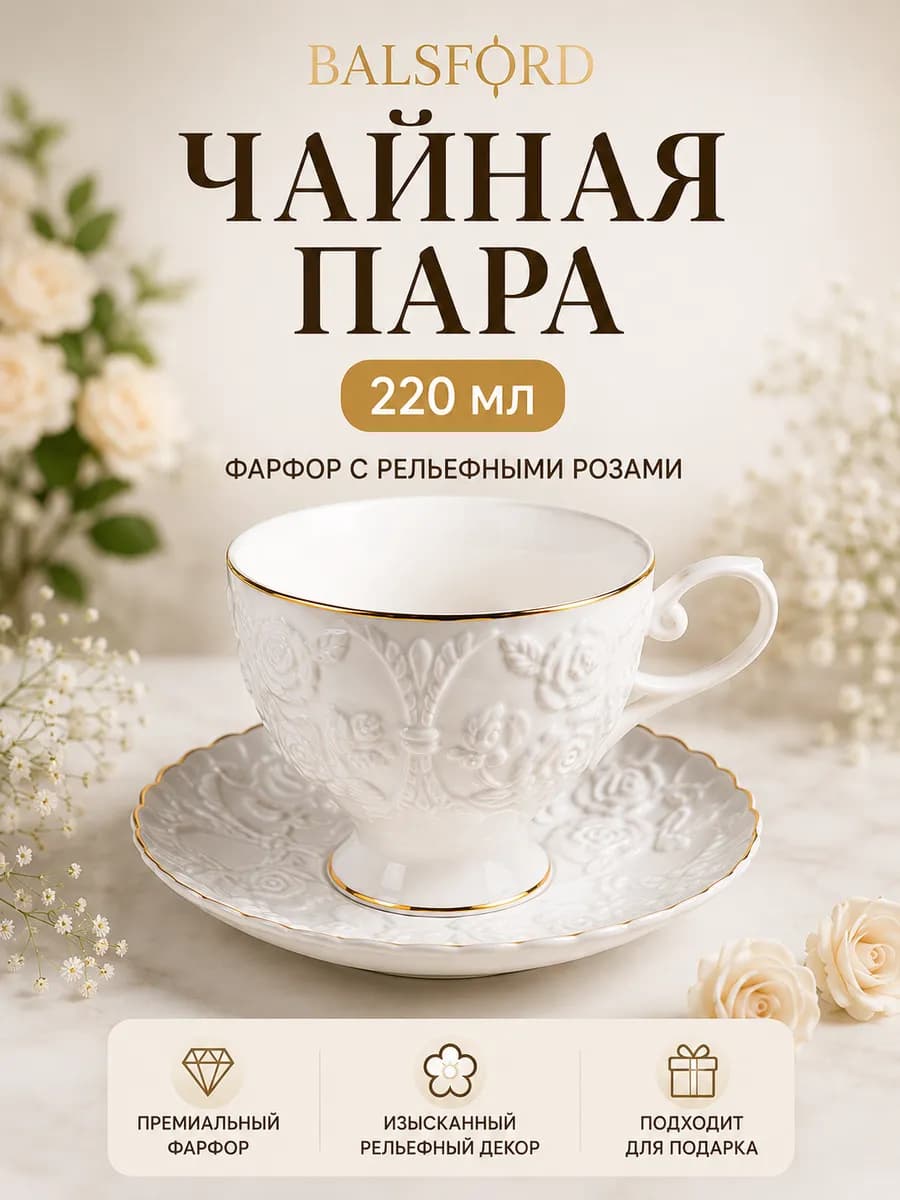Чайная пара 220 мл чашка и блюдце фарфор