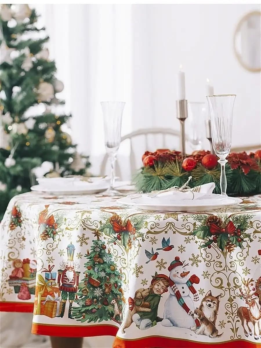 Круглая скатерть 220*220 см для стола новогодняя