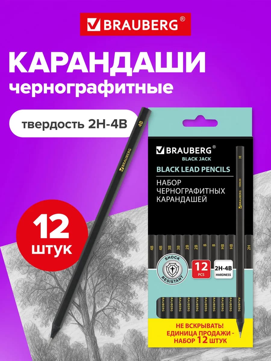 Карандаши простые чернографитные 12 штук 2Н-4В