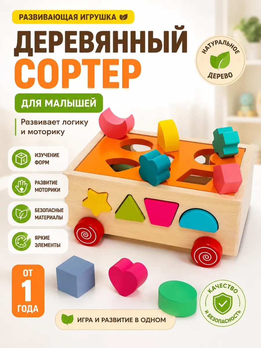 Деревянный сортер развивающий бизиборд каталка