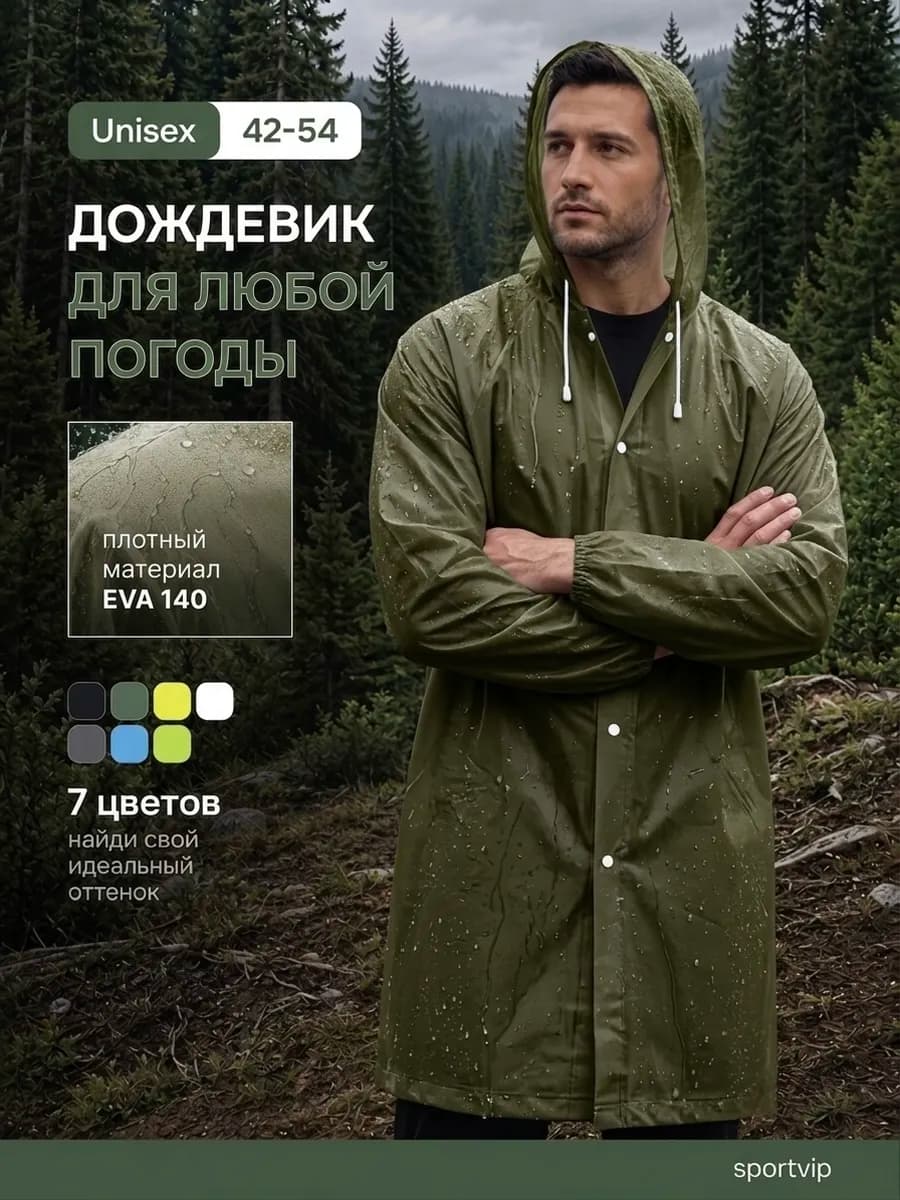 Дождевик с капюшоном туристический походный зеленый