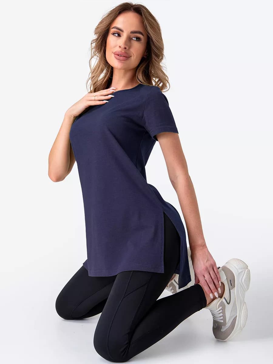 Футболка с разрезами удлиненная однотонная хлопок