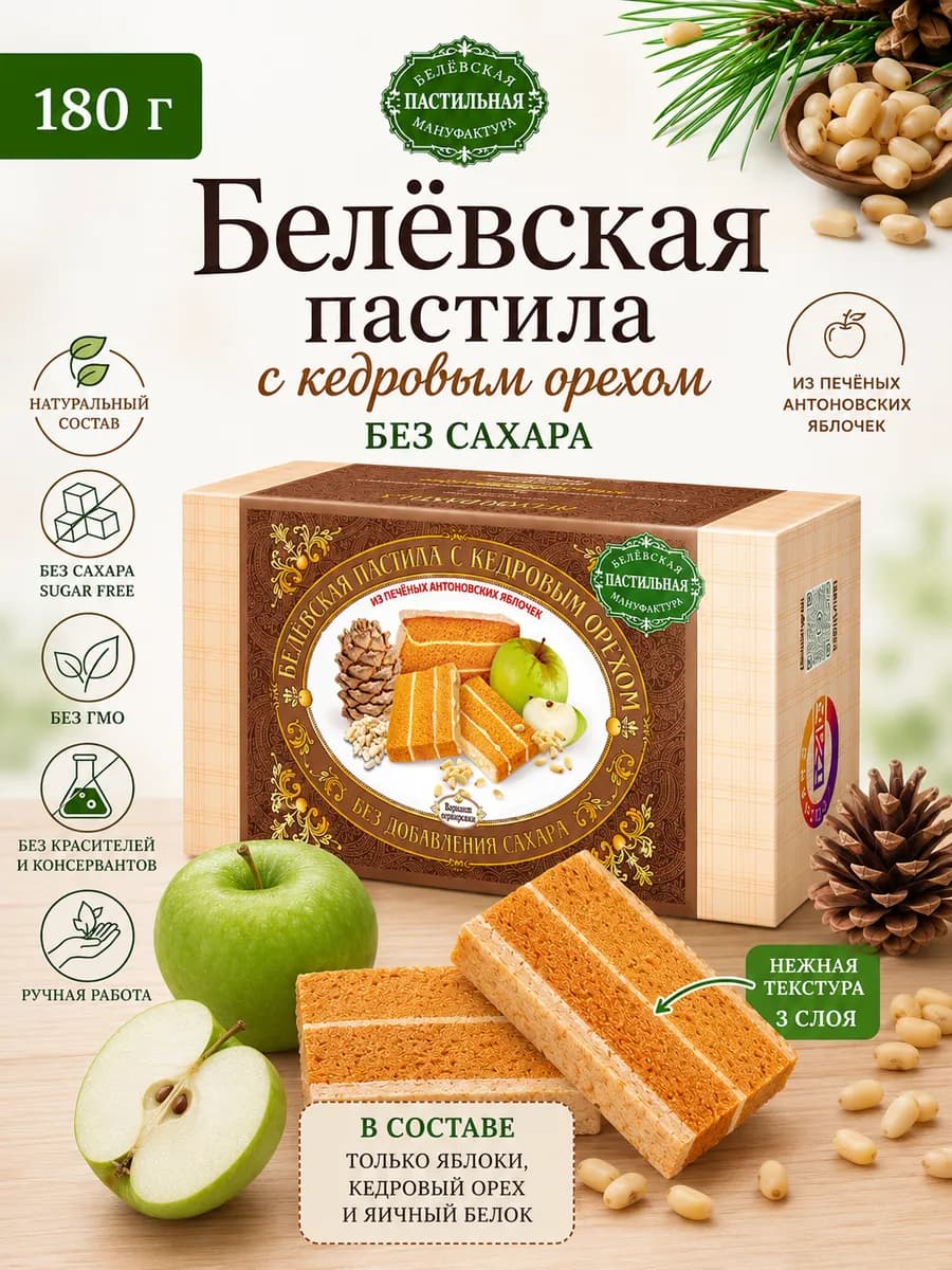Белевская пастила с кедровым орехом без сахара 180 г