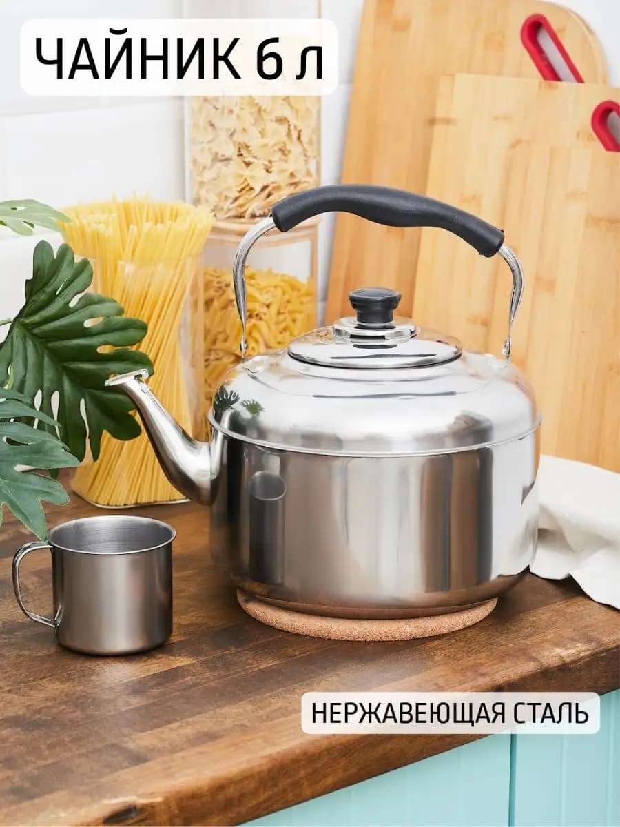 Чайник для плиты 6 л нержавеющая сталь металлический