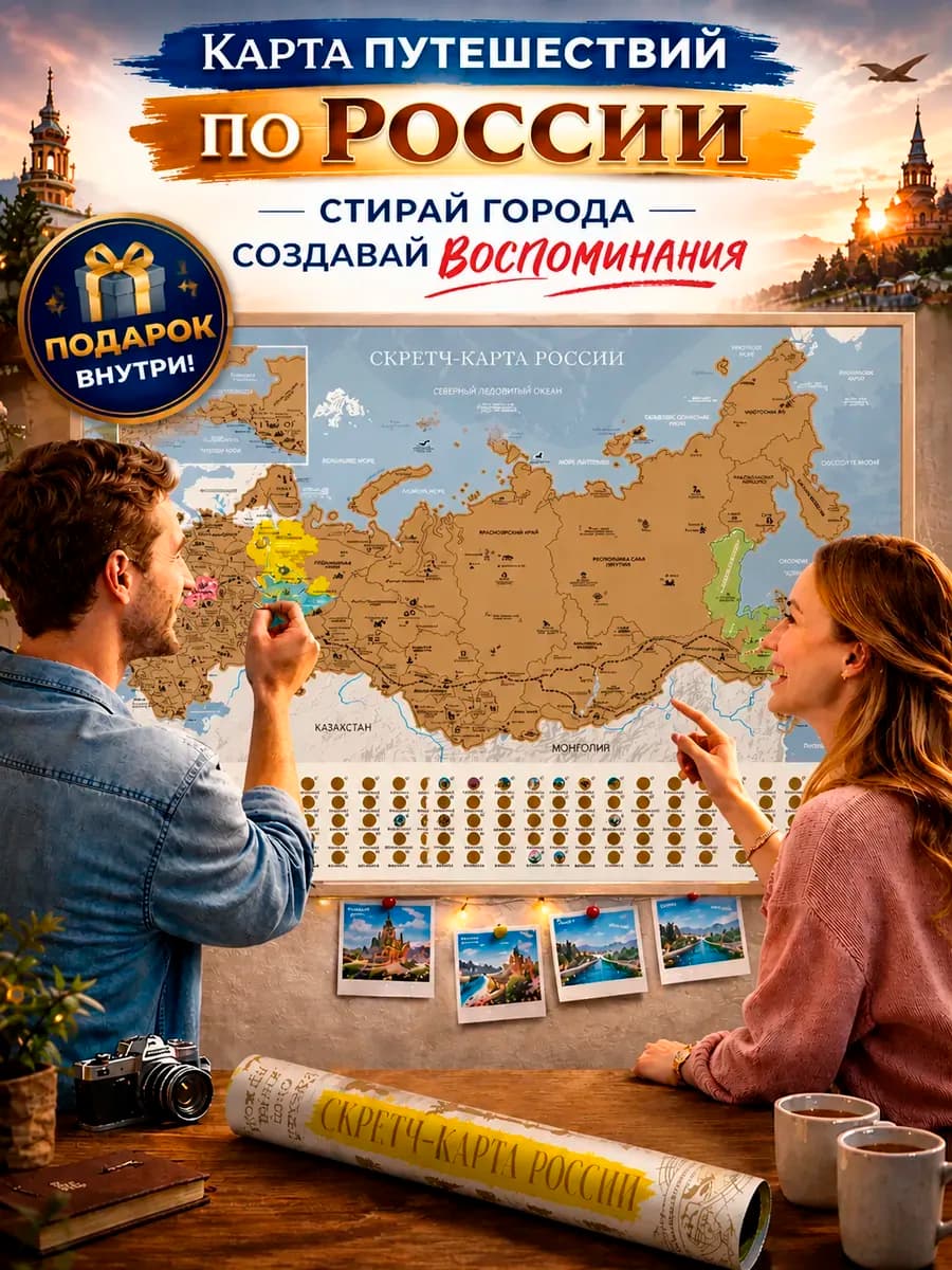 Большая карта России на стену с городами скретч постер
