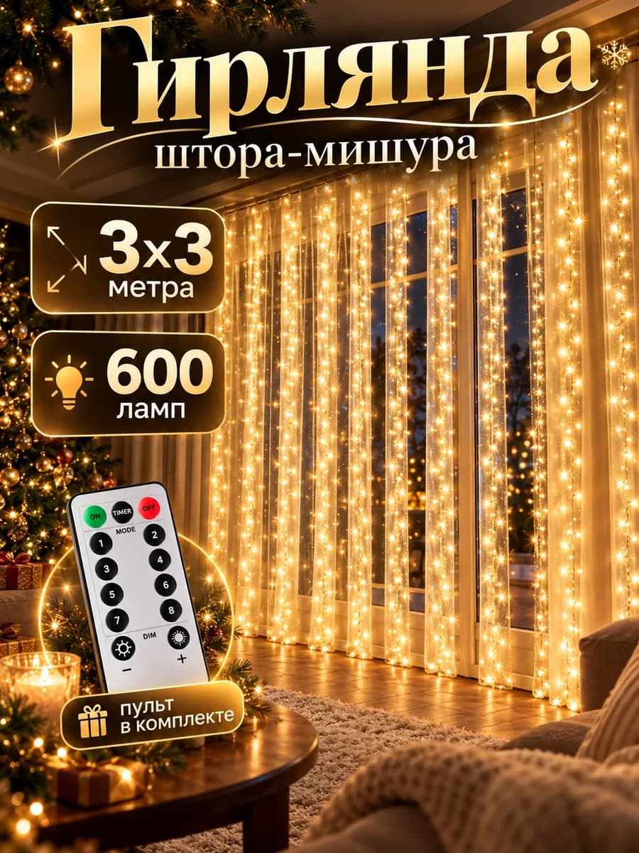 Гирлянда штора хвойная лапа мишура 3x3 м
