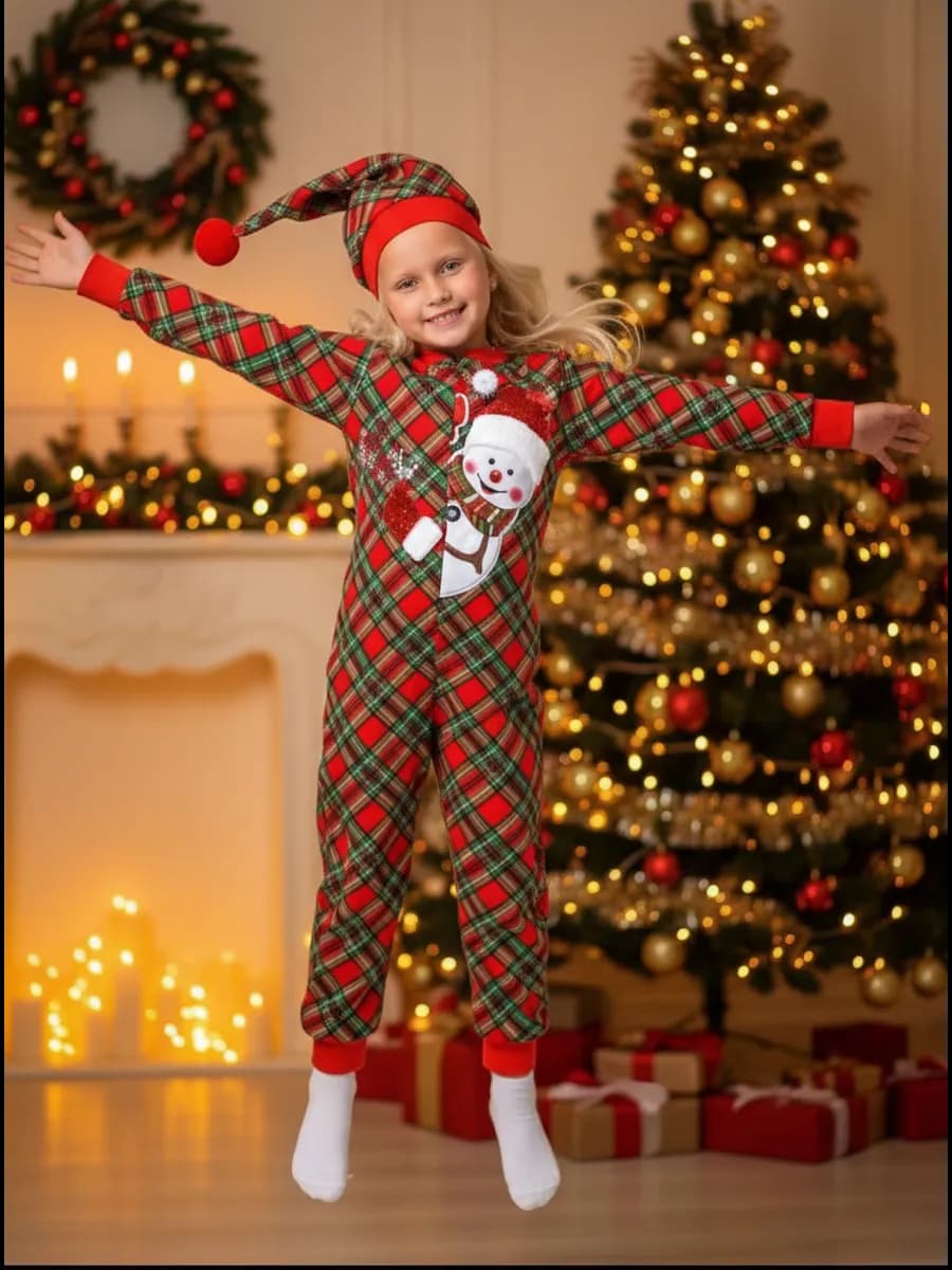 Новогодняя пижама комбинезон детская в клеточку с колпаком - фото 1
