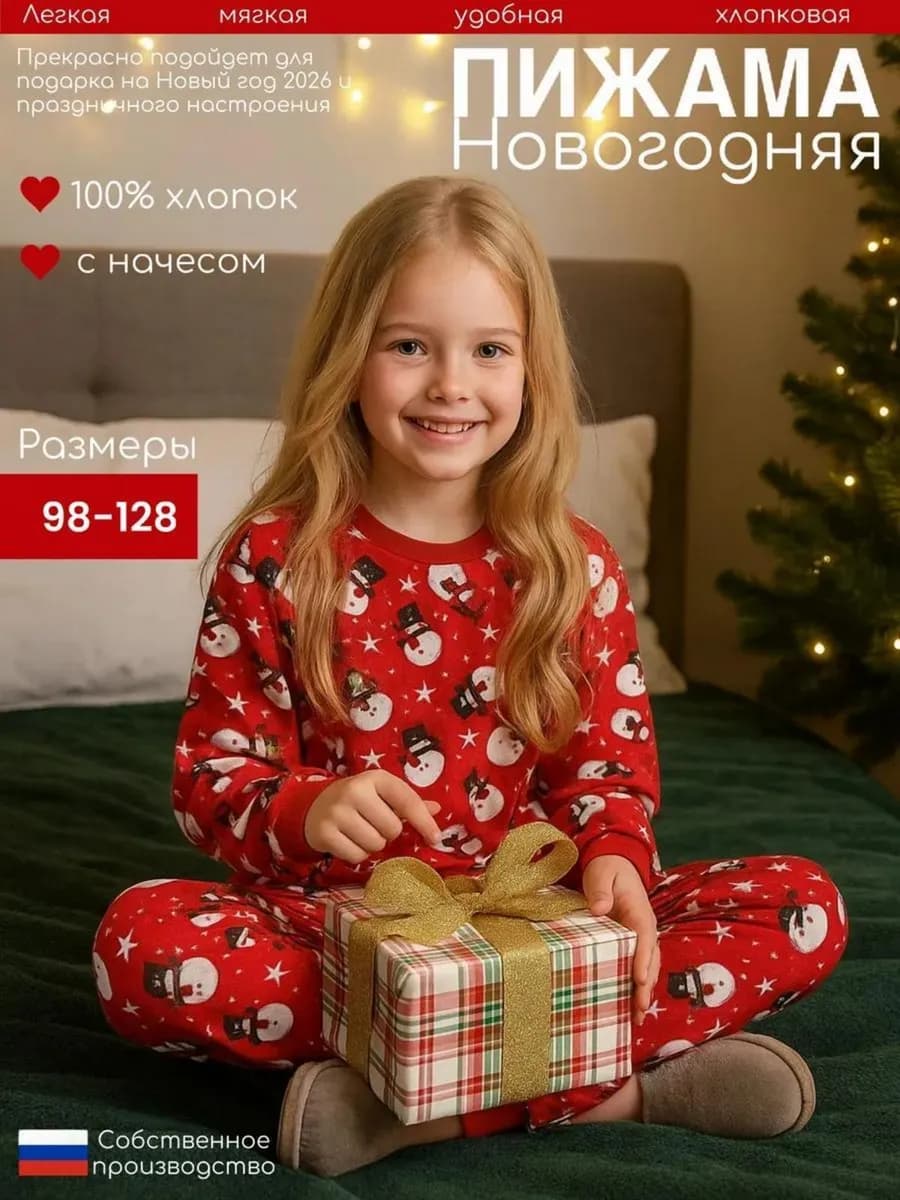 Теплая детская пижама с принтом снеговики из мягкого хлопка