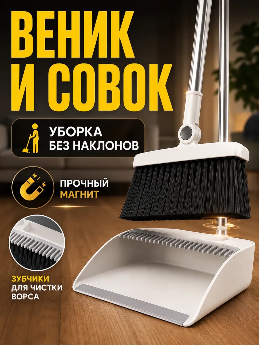 Щетка веник с совком на магните с телескопической ручкой