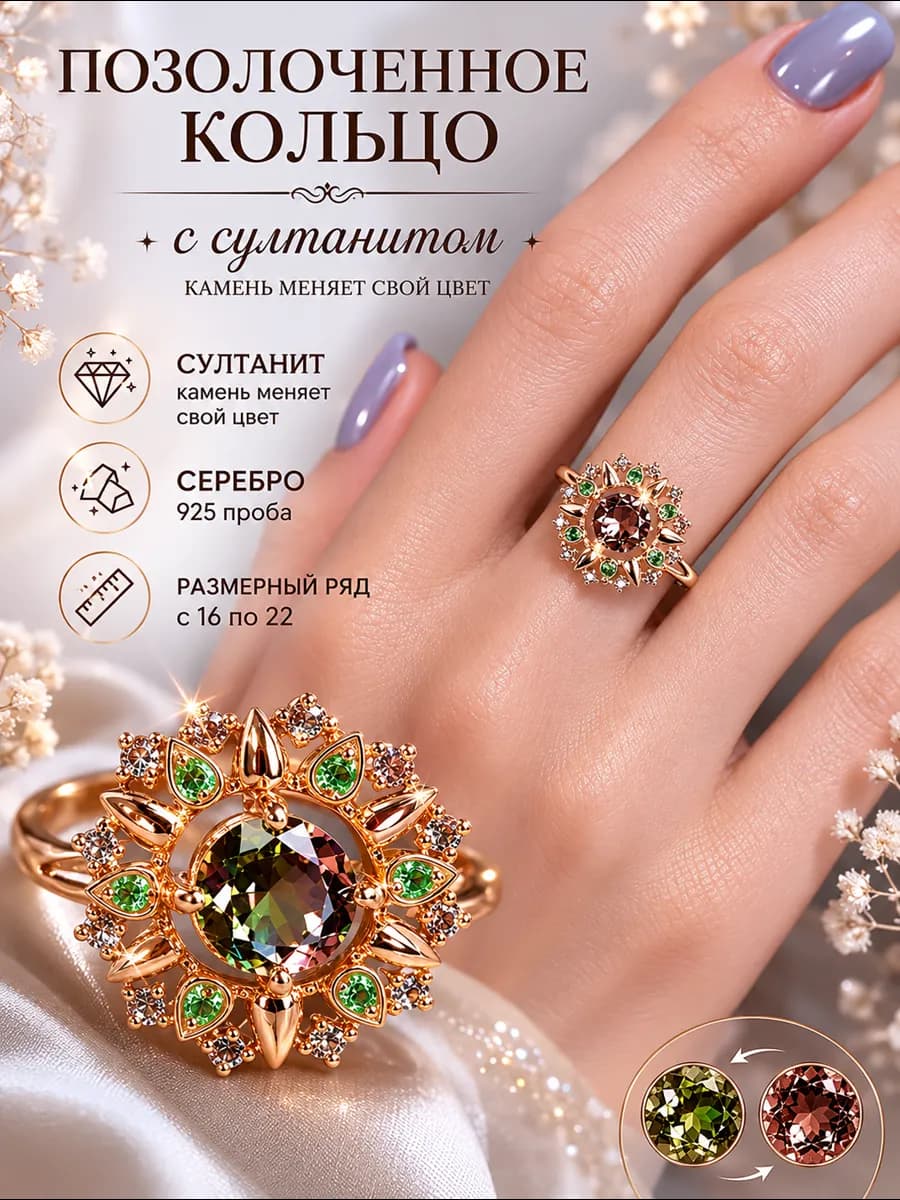 Ювелирное кольцо серебро 925 585 с Султанитом