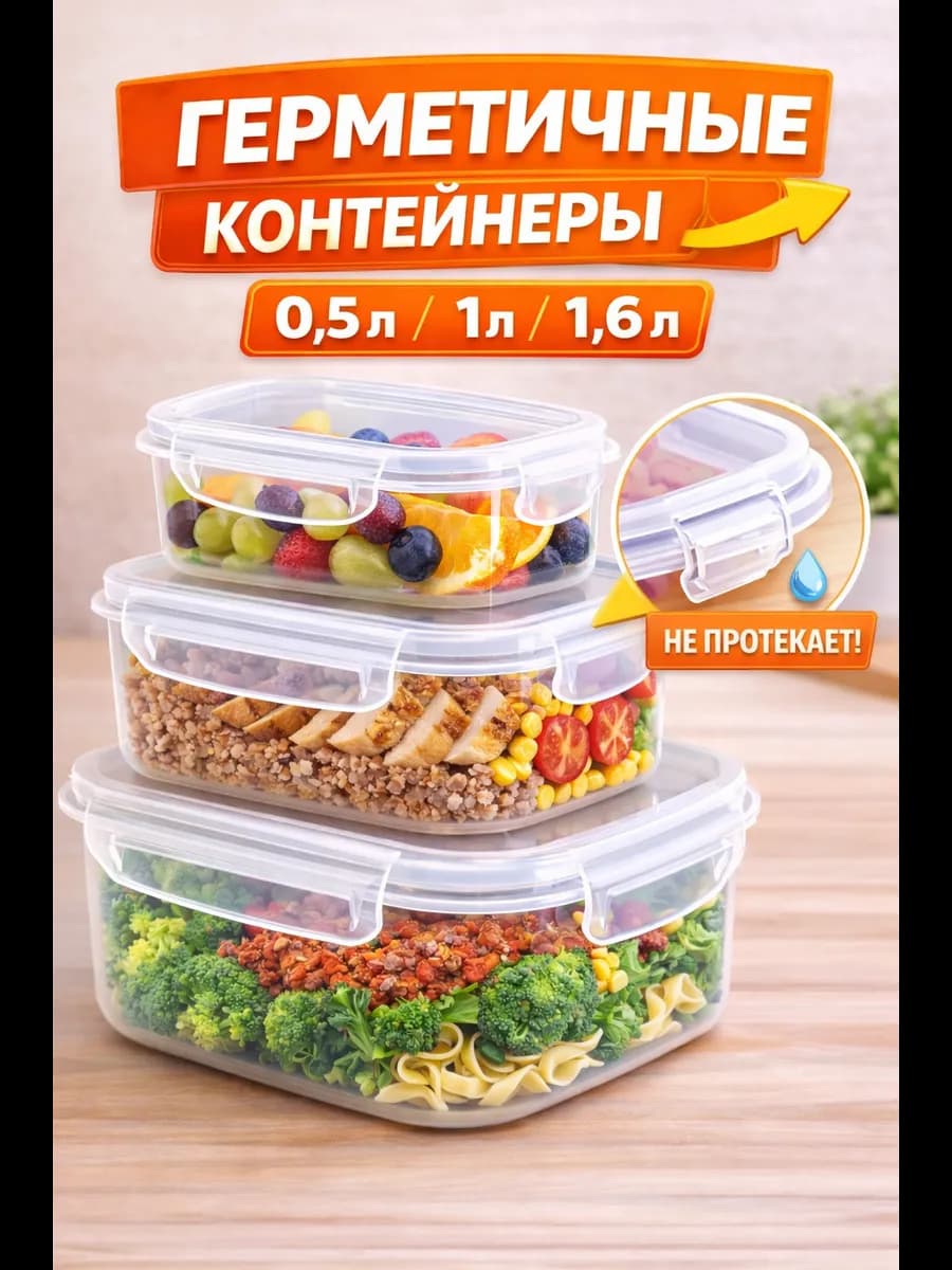 Набор контейнеров для еды с защелками герметичный 3 шт