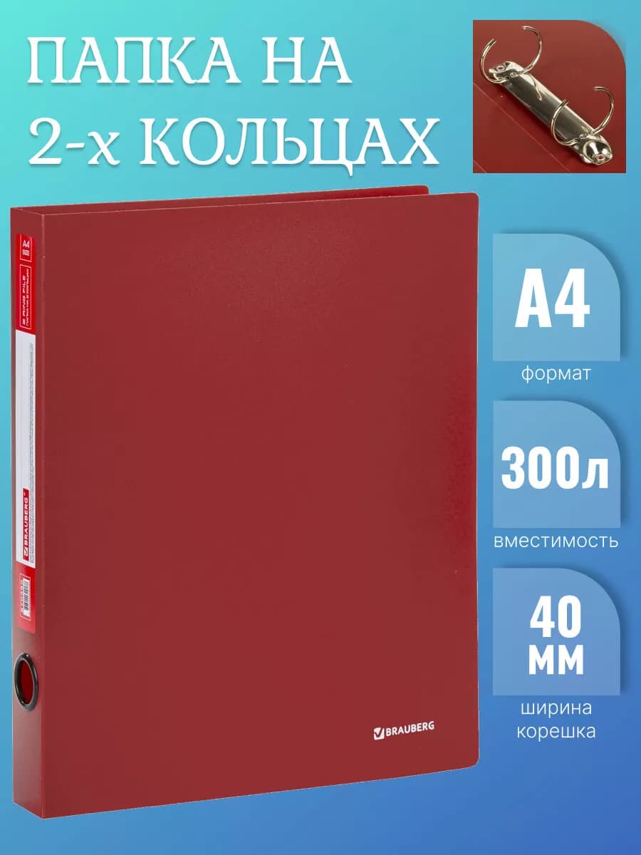 Папка на 2 кольцах для документов, 40 мм, до 300 л, 0,9 мм