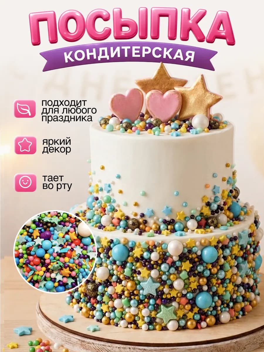 Посыпка кондитерская шарики и звездочки для торта и выпечки