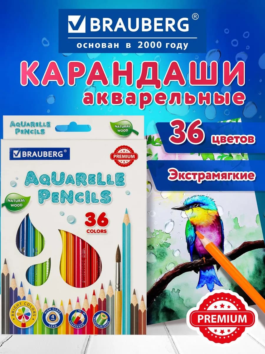 Карандаши акварельные цветные, детские, мягкие, 36 цветов