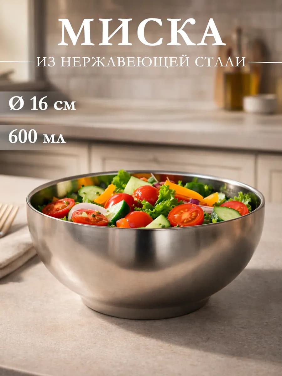 Миска металлическая 600 мл d=16 см с двойными стенками