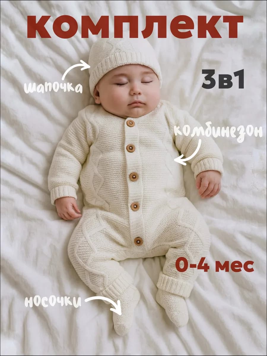 Вязаный комбинезон для новорожденных комплект на выписку - фото 1