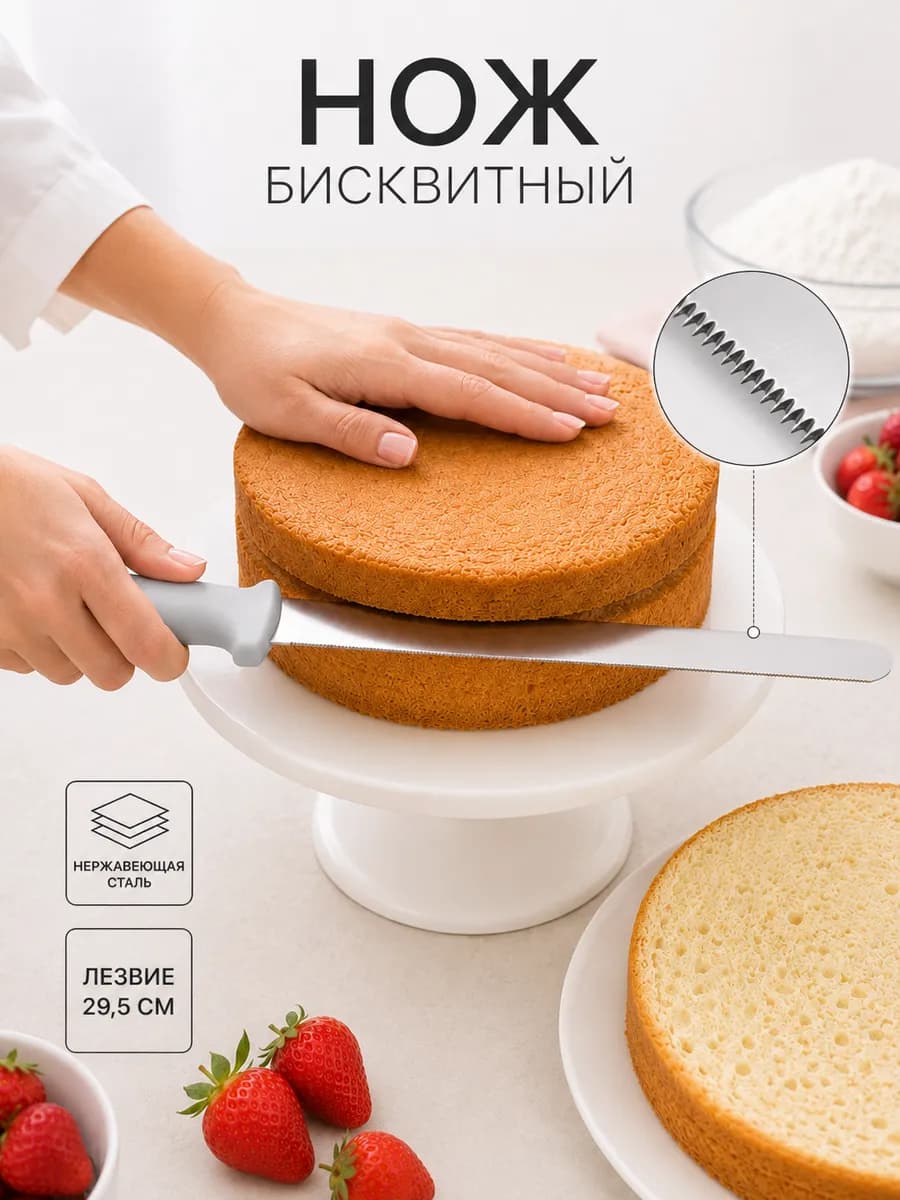 Нож для бисквита мелкие зубчики рабочая поверхность 29,5 см