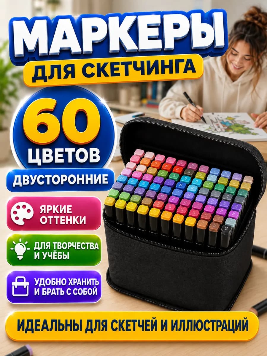 Фломастеры двухсторонние для скетчинга 60 цветов