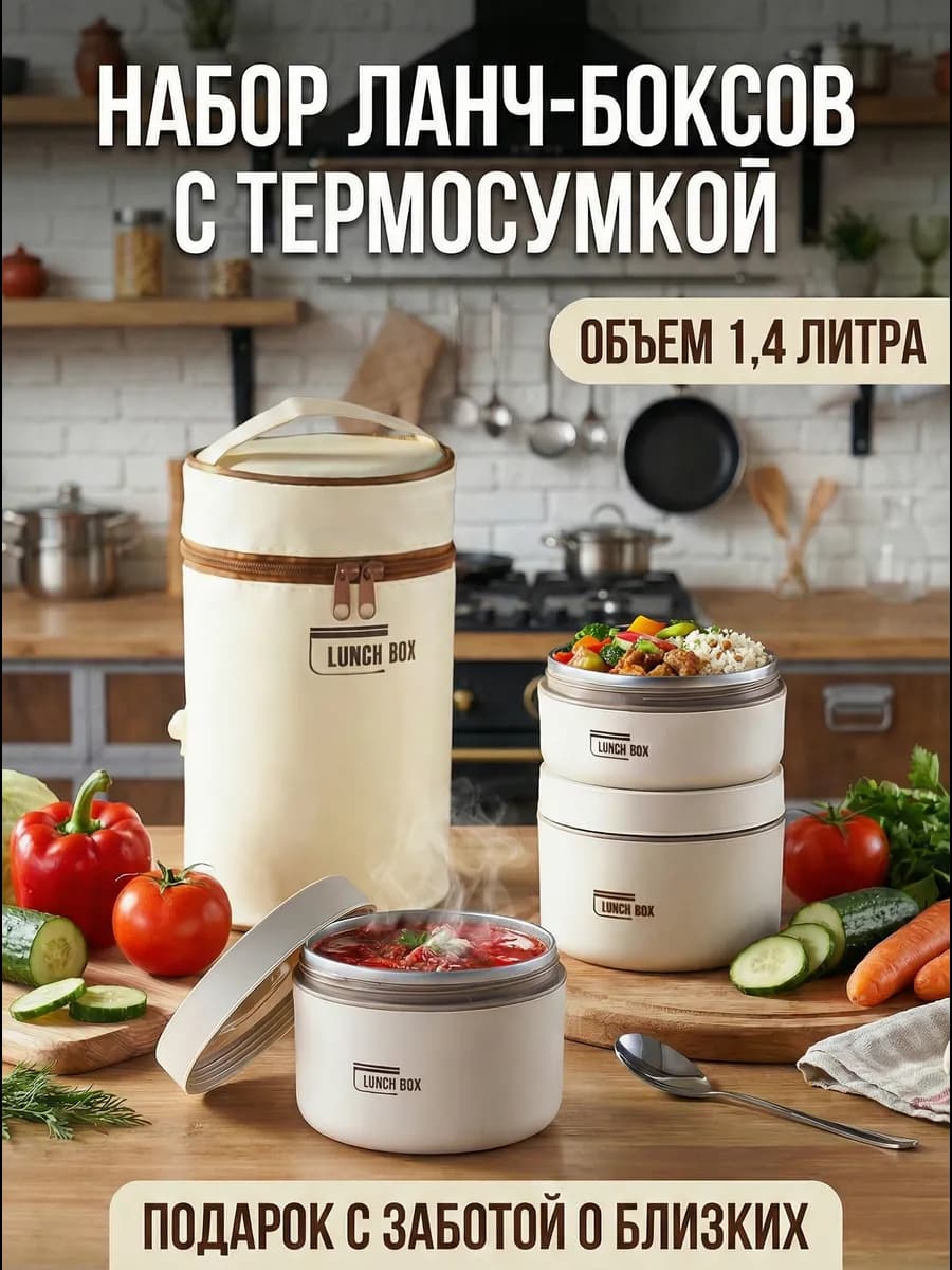 Ланч бокс металлический круглый для еды с термосумкой